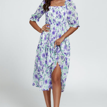 Floral Print Bardot Puff Sleeve Elasticated Detail Midi Dress In White