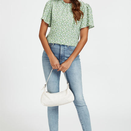 Little Floral Print Angle Sleeve High Neck Top/Blouse In Green