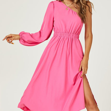One Shoulder Split Leg Midi Dress In Fuchsia Print