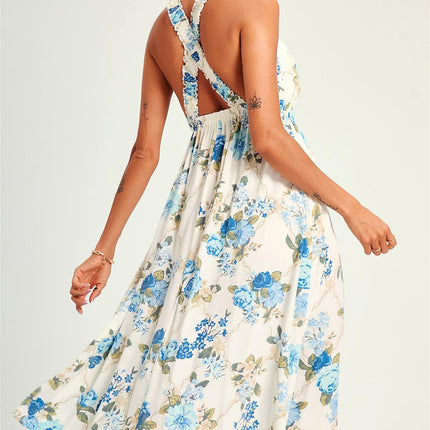 Pretty Flora Print Cross Back Midi Dress In White