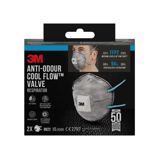 3M™ Cool Flow™ Partikelmaske 9922, FFP2, geruchshemmend, mit Ventil, 2er-Pack | Packung (1 Stück)