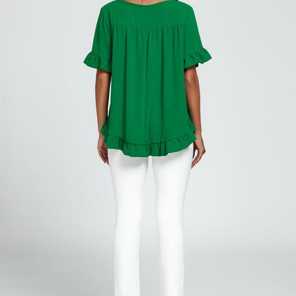 Frill Detail Short Sleeves Top In Green