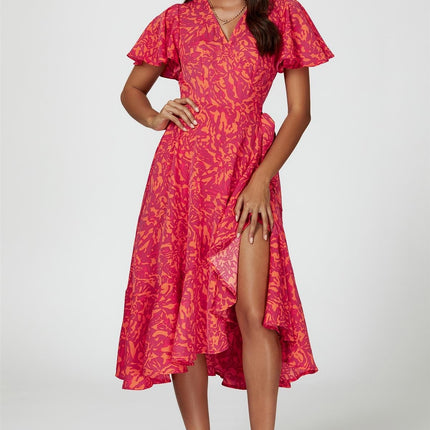 Abstract Print Midi Wrap Dress In Fuchsia