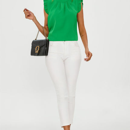 Frill Trim Sleeve High Neck Blouse Top In Light Green