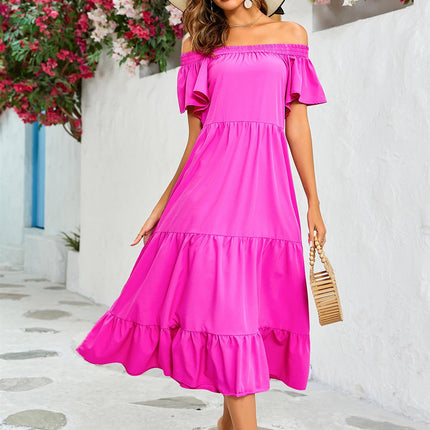 Off Shoulder Bardot Frill Midi Dress In Fuchsia Pink