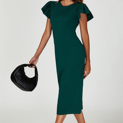 Volume Sleeve Bodycon Midi Dress In Green