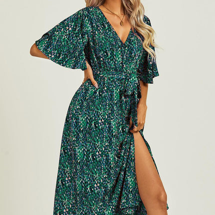 Angel Sleeve Wrap Top Midi Dress In Green