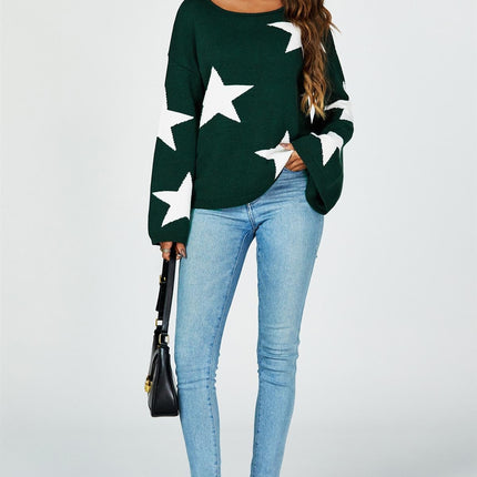 Wide Sleeve Oversize Dark Green Jumper With White Star