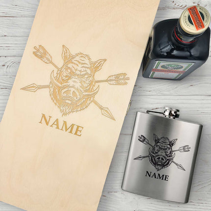 SEO. Flachmann aus Edelstahl Geschenkset - personalisiert mit Jägermeister im Set - Wildschwein Linkreich
