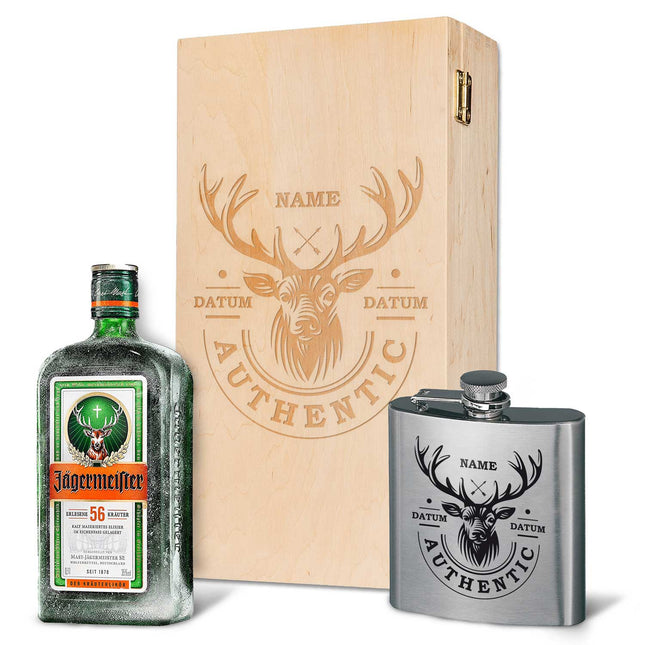 SEO. Flachmann aus Edelstahl Geschenkset - personalisiert mit Jägermeister im Set - Hirsch Linkreich