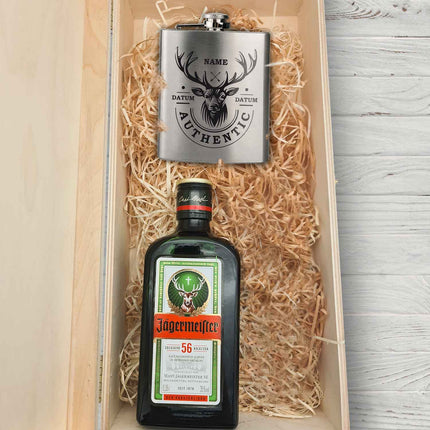 SEO. Flachmann aus Edelstahl Geschenkset - personalisiert mit Jägermeister im Set - Hirsch Linkreich