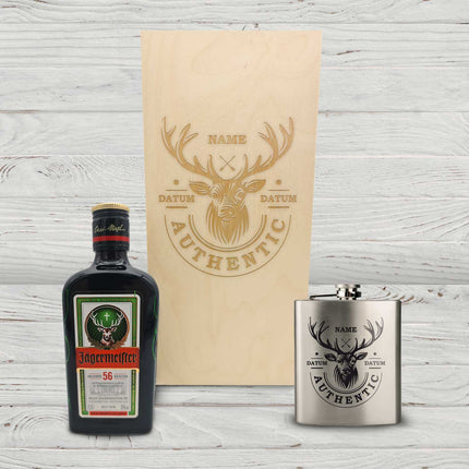SEO. Flachmann aus Edelstahl Geschenkset - personalisiert mit Jägermeister im Set - Hirsch Linkreich