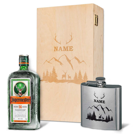 SEO. Flachmann aus Edelstahl Geschenkset - personalisiert mit Jägermeister im Set - Wald Linkreich