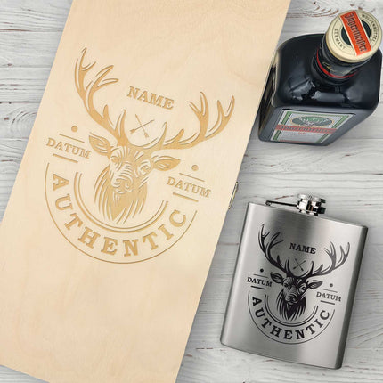 SEO. Flachmann aus Edelstahl Geschenkset - personalisiert mit Jägermeister im Set - Hirsch Linkreich