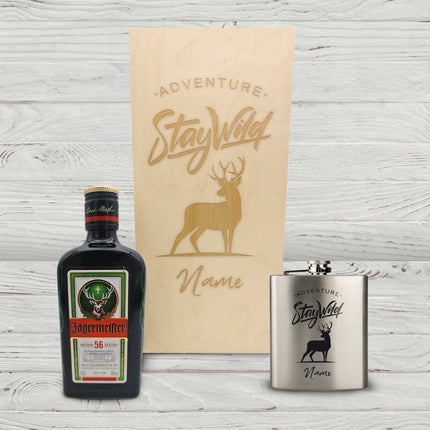 SEO. Flachmann aus Edelstahl Geschenkset - personalisiert mit Jägermeister im Set - Stay Wild Linkreich
