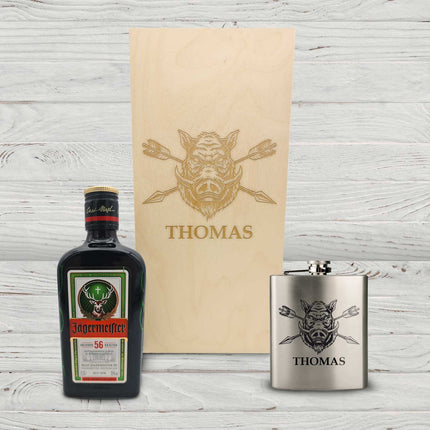 SEO. Flachmann aus Edelstahl Geschenkset - personalisiert mit Jägermeister im Set - Wildschwein Linkreich