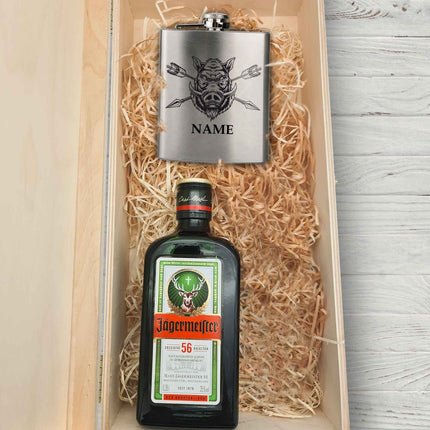 SEO. Flachmann aus Edelstahl Geschenkset - personalisiert mit Jägermeister im Set - Wildschwein Linkreich