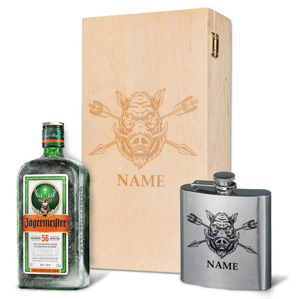 SEO. Flachmann aus Edelstahl Geschenkset - personalisiert mit Jägermeister im Set - Wildschwein Linkreich