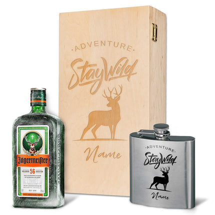 SEO. Flachmann aus Edelstahl Geschenkset - personalisiert mit Jägermeister im Set - Stay Wild Linkreich