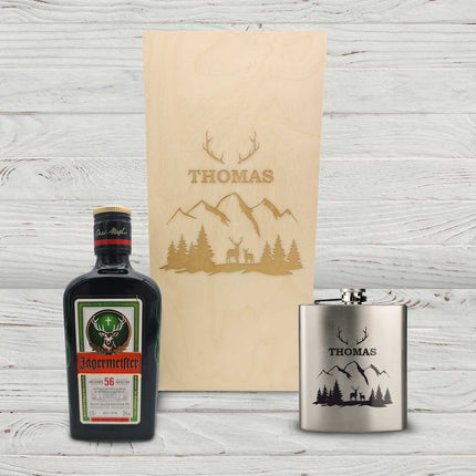 SEO. Flachmann aus Edelstahl Geschenkset - personalisiert mit Jägermeister im Set - Wald Linkreich