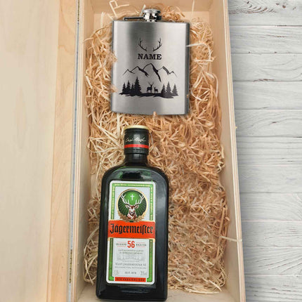 SEO. Flachmann aus Edelstahl Geschenkset - personalisiert mit Jägermeister im Set - Wald Linkreich