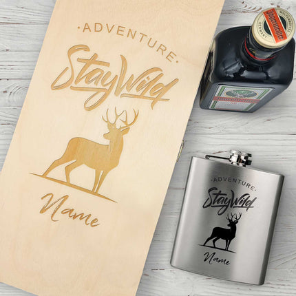 SEO. Flachmann aus Edelstahl Geschenkset - personalisiert mit Jägermeister im Set - Stay Wild Linkreich