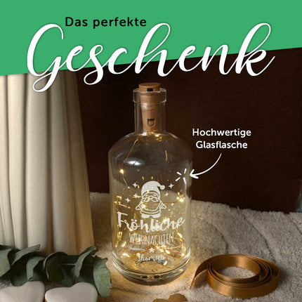 SEO. Flaschenlicht mit LED - Lichterkette im Fröhliche Weihnachten Santa Design - Personalisiert mit Namen - Linkreich