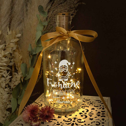 SEO. Flaschenlicht mit LED - Lichterkette im Fröhliche Weihnachten Santa Design - Personalisiert mit Namen - Linkreich