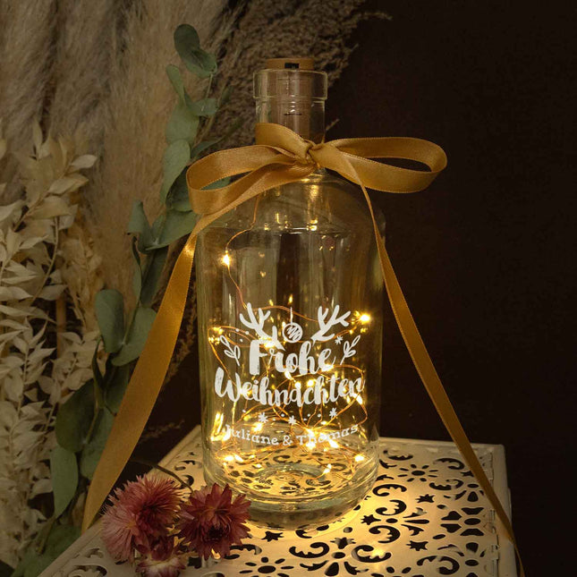 SEO. Flaschenlicht mit LED - Lichterkette im Frohe Weihnachten Design - Personalisiert mit 2 Namen - Linkreich