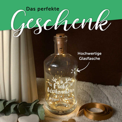SEO. Flaschenlicht mit LED - Lichterkette im Frohe Weihnachten Design - Personalisiert mit 2 Namen - Linkreich