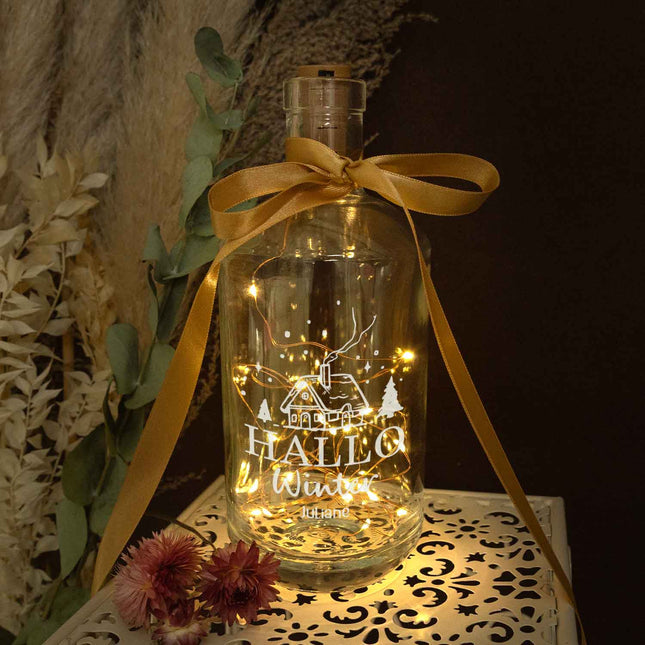 SEO. Flaschenlicht mit LED - Lichterkette im Hallo Winter Design - Personalisiert mit Namen - Linkreich