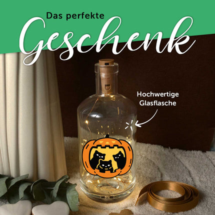 SEO. Flaschenlicht mit LED - Lichterkette im Halloween Kürbis Katzen UV Design - Linkreich