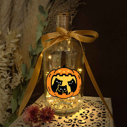 SEO. Flaschenlicht mit LED - Lichterkette im Halloween Kürbis Katzen UV Design - Linkreich