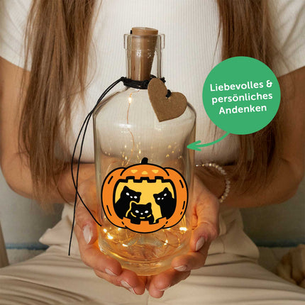 SEO. Flaschenlicht mit LED - Lichterkette im Halloween Kürbis Katzen UV Design - Linkreich