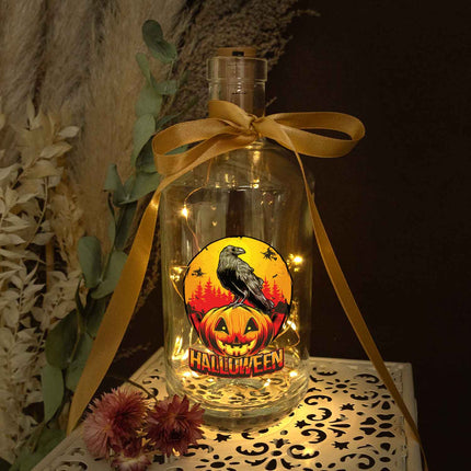 SEO. Flaschenlicht mit LED - Lichterkette im Halloween Rabe UV Design - Linkreich