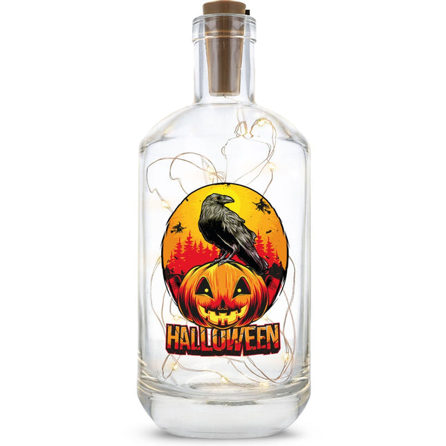 SEO. Flaschenlicht mit LED - Lichterkette im Halloween Rabe UV Design - Linkreich