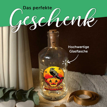 SEO. Flaschenlicht mit LED - Lichterkette im Halloween Rabe UV Design - Linkreich