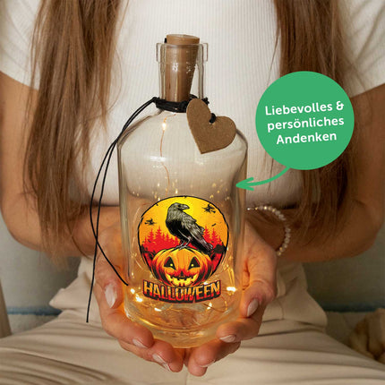SEO. Flaschenlicht mit LED - Lichterkette im Halloween Rabe UV Design - Linkreich