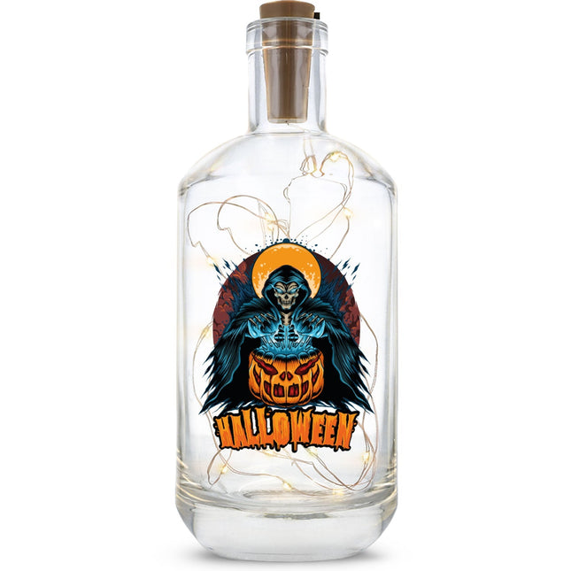 SEO. Flaschenlicht mit LED - Lichterkette im Halloween Reaper UV Design - Linkreich