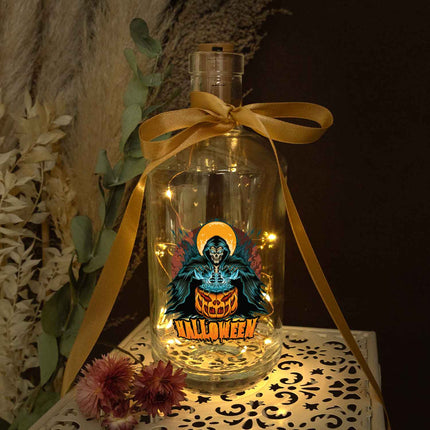 SEO. Flaschenlicht mit LED - Lichterkette im Halloween Reaper UV Design - Linkreich