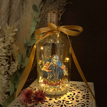SEO. Flaschenlicht mit LED - Lichterkette im Halloween Slasher UV Design - Linkreich