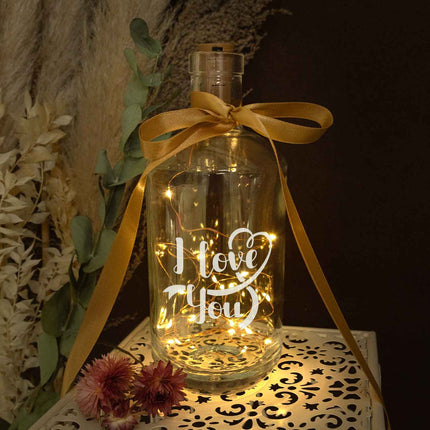 SEO. Flaschenlicht mit LED - Lichterkette und Gravur "I love you" - Linkreich