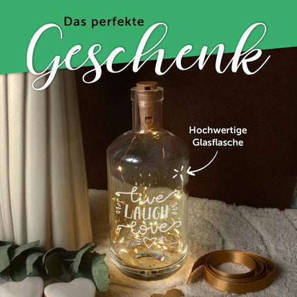 SEO. Flaschenlicht mit LED - Lichterkette und Gravur "Live Laugh Love" - Linkreich