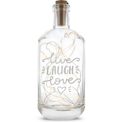SEO. Flaschenlicht mit LED - Lichterkette und Gravur "Live Laugh Love" - Linkreich