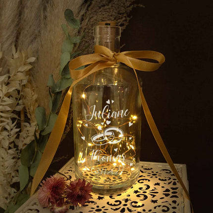 SEO. Flaschenlicht mit LED - Lichterkette und Gravur "Wedding" - Linkreich