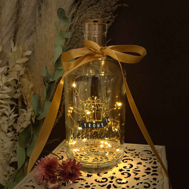 SEO. Flaschenlicht mit LED - Lichterkette und UV Druck - Goldenes Geschenk Design - Weihnachtsdekoration - Linkreich