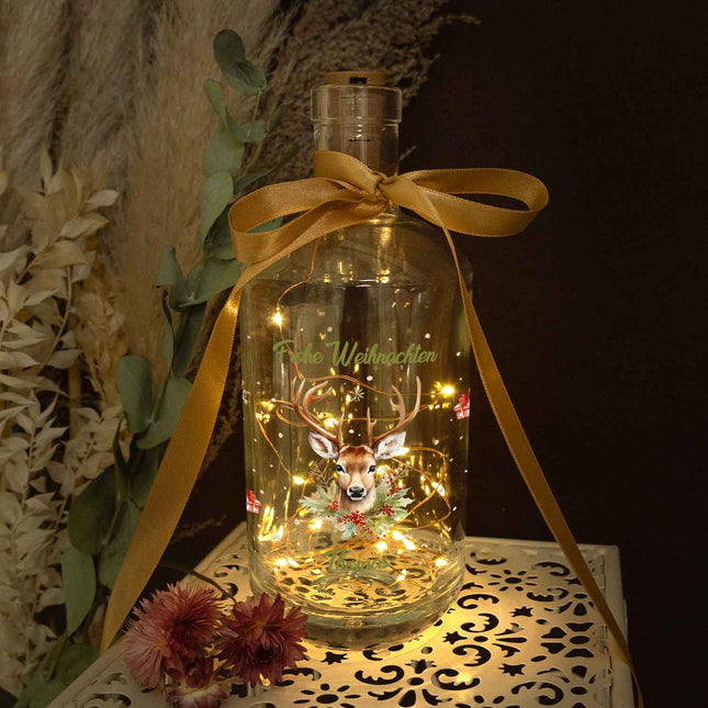 SEO. Flaschenlicht mit LED - Lichterkette und UV Druck - Hirsch Design - Personalisiert mit Name - Linkreich