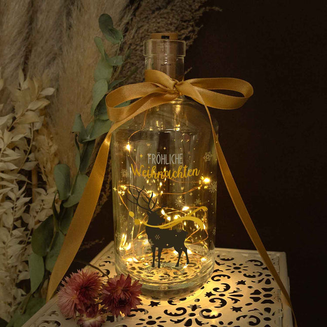 SEO. Flaschenlicht mit LED - Lichterkette und UV Druck - Hirsch Gold Design - Weihnachtsdekoration - Linkreich