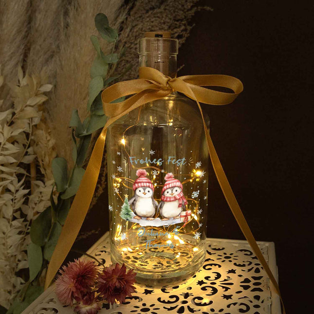 SEO. Flaschenlicht mit LED - Lichterkette und UV Druck - Pinguine Design - Personalisiert mit Name - Linkreich