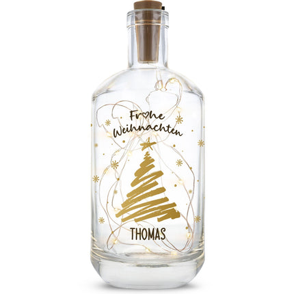 SEO. Flaschenlicht mit LED - Lichterkette und UV Druck - Weihnachtsbaum Gold Design - Personalisiert - Linkreich
